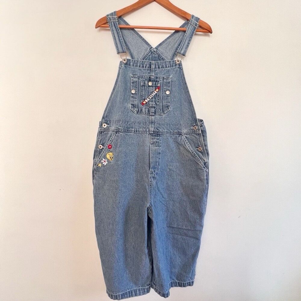 Y2K Tweety Bird Warner Bros Looney Tunes Embroidered Denim Cropped Overalls L